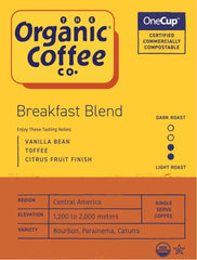 The Organic Coffee Co. OneCUP compostable pod packaging, eco-friendly choice for sustainable coffee.