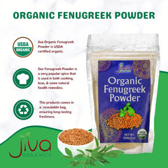 Organic fenugreek powder ingredients label notes non-GMO and gluten-free.