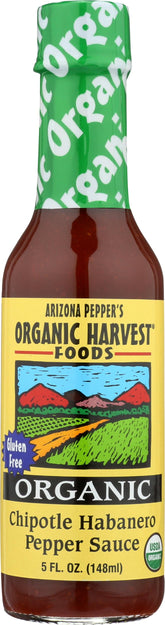 Organic Harvest Chipotle Habanero sauce bottle highlighting organic ingredients.