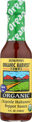 Organic Harvest Chipotle Habanero sauce bottle highlighting organic ingredients.