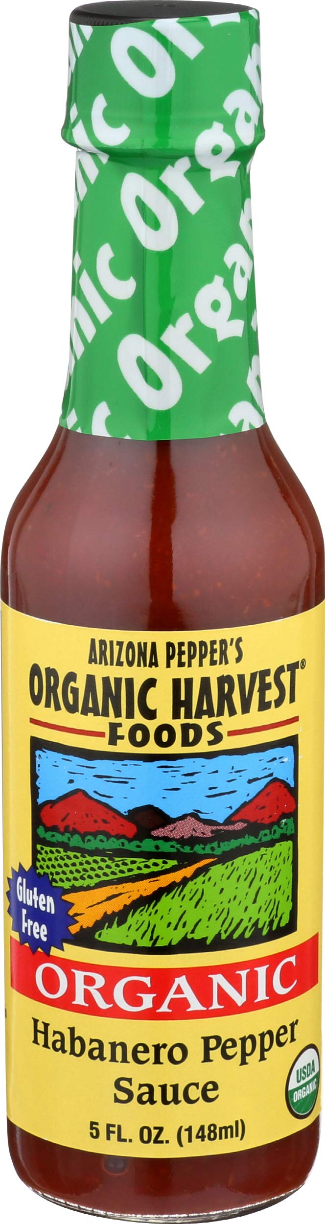 Organic Harvest Habanero pepper sauce bottle showing bold flavor and gluten-free benefits.