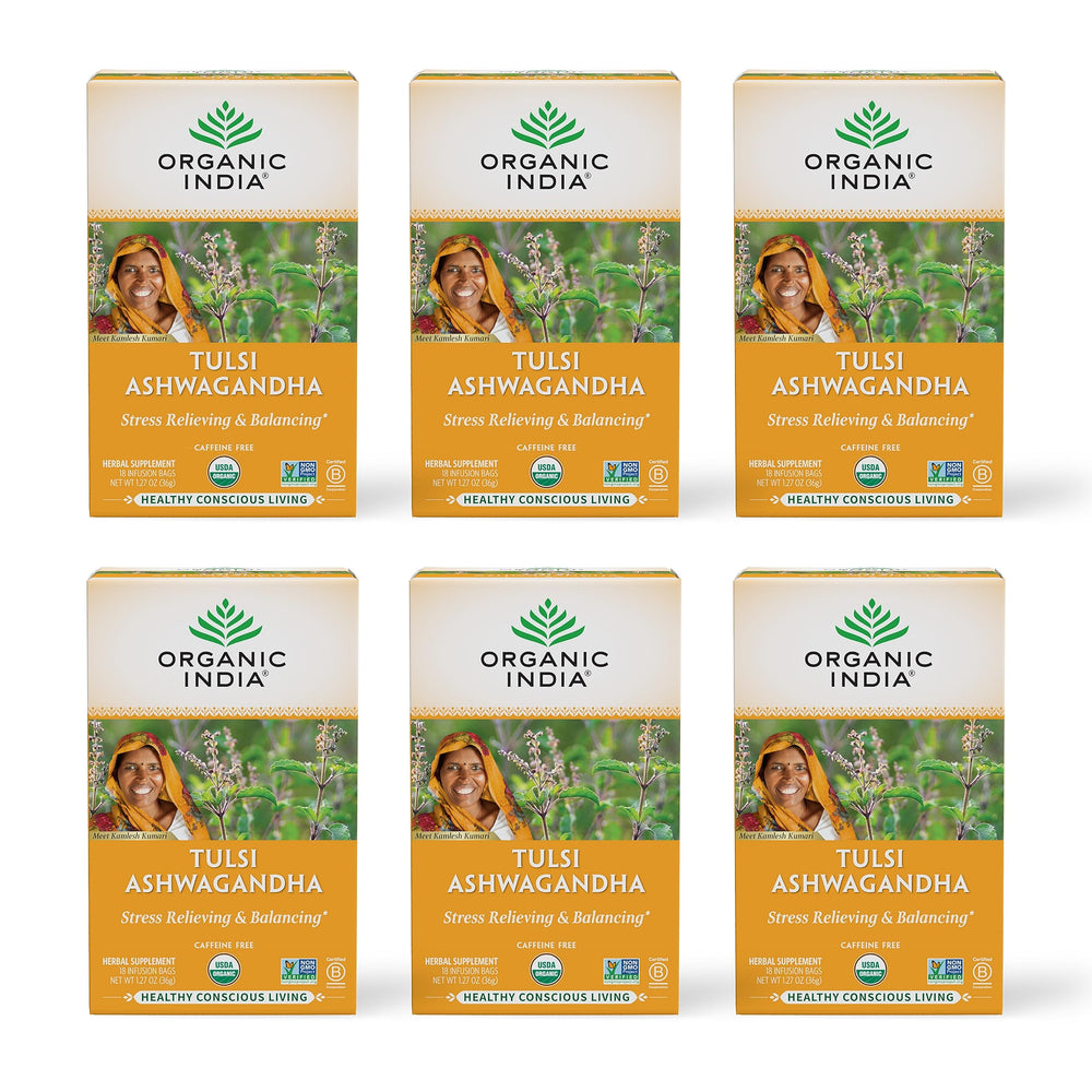 Organic India Calming Tulsi Ashwagandha tea bags with mango aroma for relaxation.