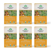 Organic India Calming Tulsi Ashwagandha tea bags with mango aroma for relaxation.