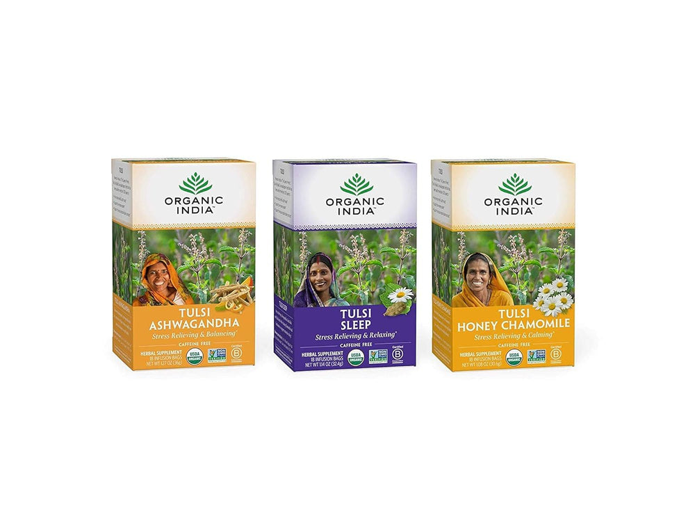 Organic India iced Tulsi tea bags front view for a refreshing caffeine-free option.