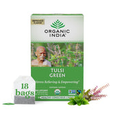 Organic India Tulsi Green Tea Bags in box showing organic and fairtrade credentials.