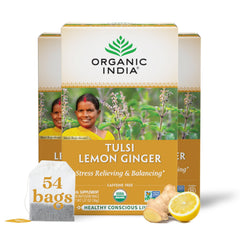 Organic India Tulsi Lemon Ginger tea box showcases a calming, caffeine-free ritual