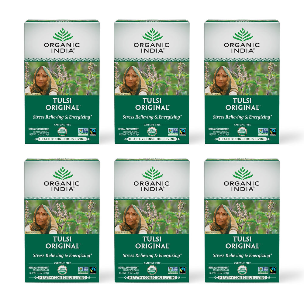 ORGANIC INDIA Tulsi Original Tea box front for calming, caffeine-free herbal tea.