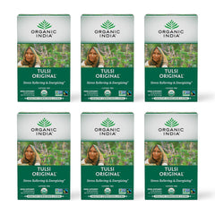 ORGANIC INDIA Tulsi Original Tea box front for calming, caffeine-free herbal tea.