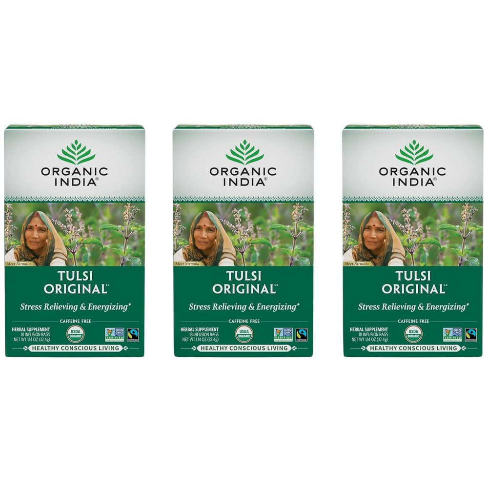 Organic India Tulsi Original tea front view promotes calming aroma for stress relief.