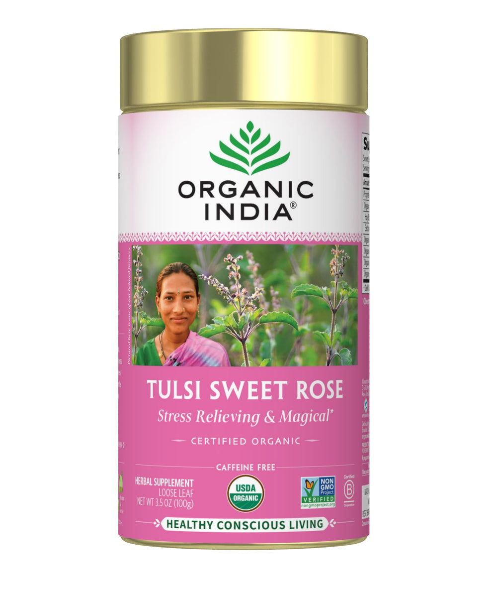 Organic India Tulsi Sweet Rose tea bag with calming floral blend
