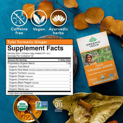 ORGANIC INDIA Tulsi Turmeric Ginger sachets on table, caffeine-free comfort.