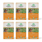ORGANIC INDIA Tulsi Turmeric Ginger tea bag steeping in mug for daily calm.