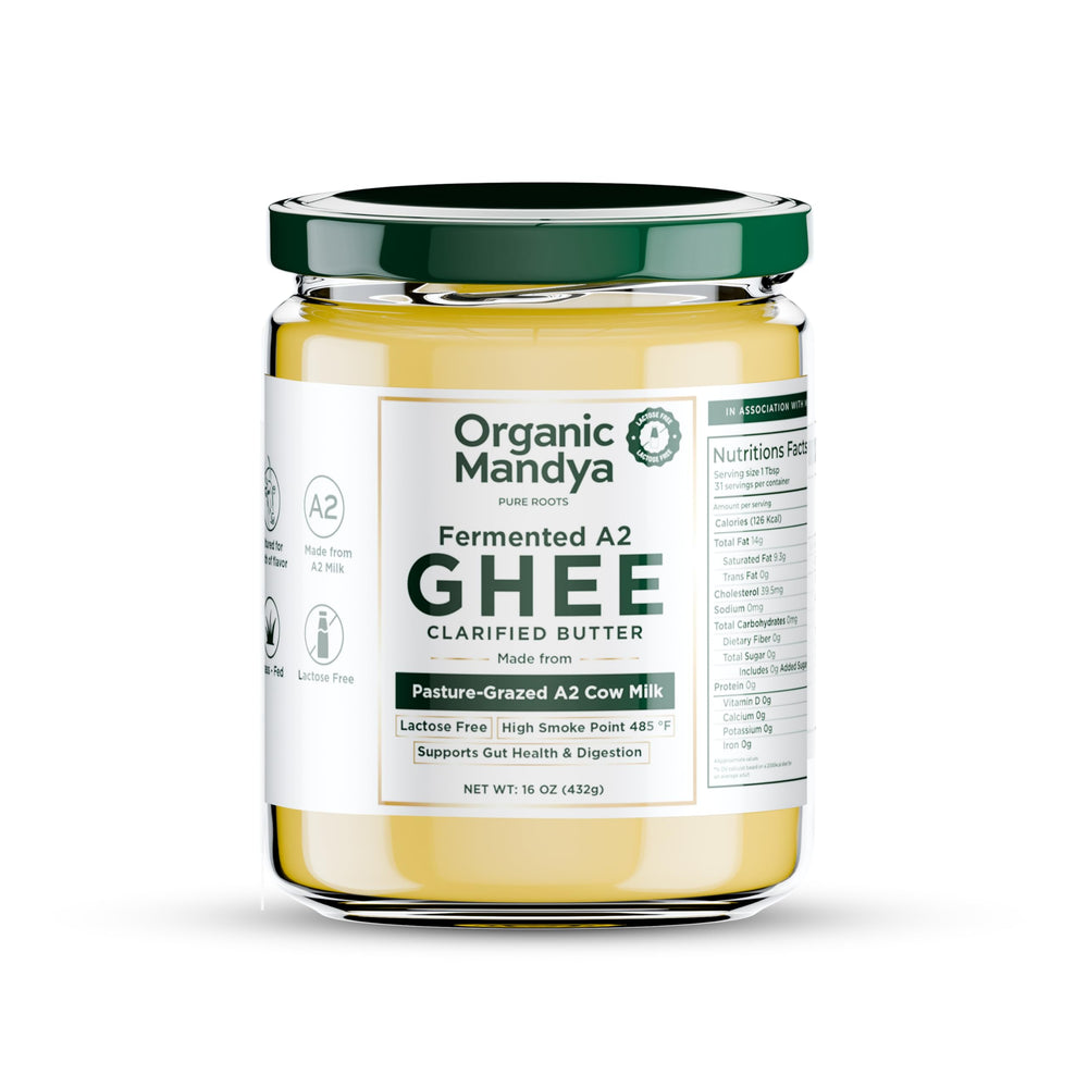 Organic Mandya A2 Desi Ghee—clarified butter, bilona process, rich aroma.