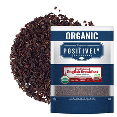 Organic Positively Tea Company decaf English Breakfast loose-leaf tea with smooth morning aroma.