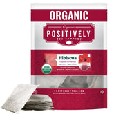 Organic Positively Hibiscus tea bags packaging highlights eco friendly design.