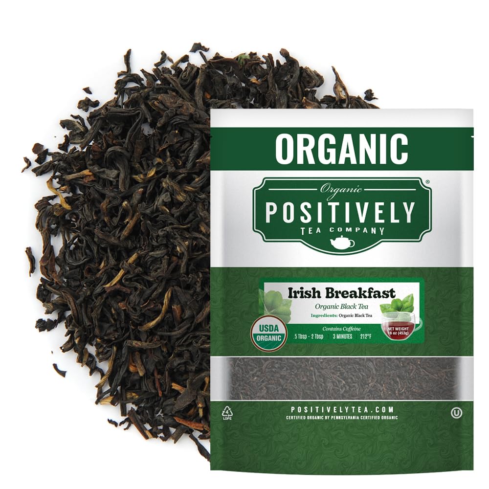 Organic Positively Irish Breakfast loose-leaf tea, bold morning wake-up.