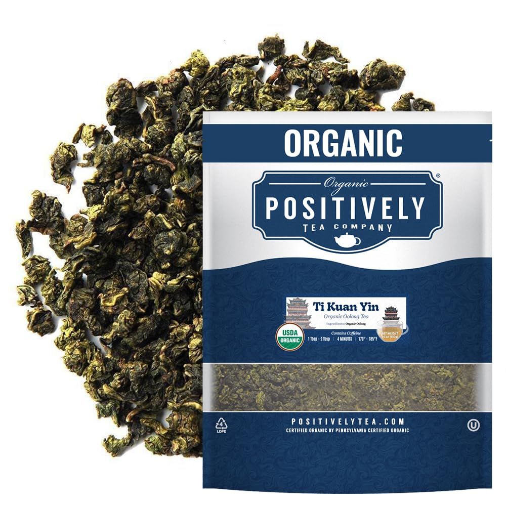 Organic Positively Ti Kuan Yin Oolong leaves closeup, pure aroma for a bright morning.