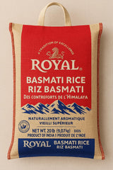 Organic Royal Basmati rice 20lb pack highlights premium grains for authentic Himalayan flavor.