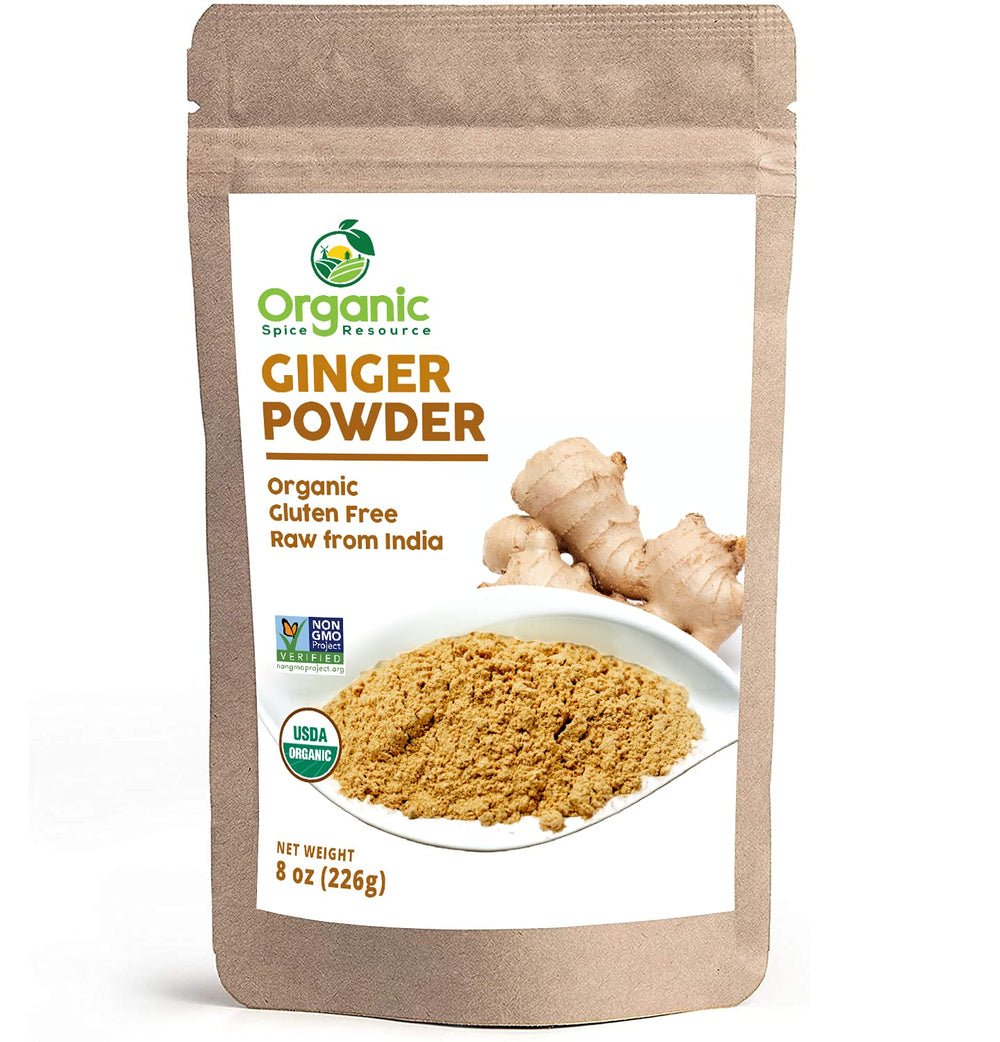 Organic Spice Resource ginger powder 8oz bag showing fine texture for cooking.