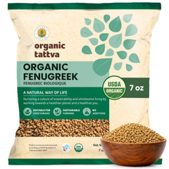 Organic Tattva fenugreek seeds 7oz pack showing rich aroma for cooking.