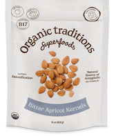 Organic Traditions apricot kernels sundried packaging shows raw single ingredient quality for mindful snacking