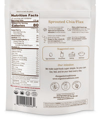 Organic Traditions measuring spoon with sprouted chia flax powder for quick smoothies.