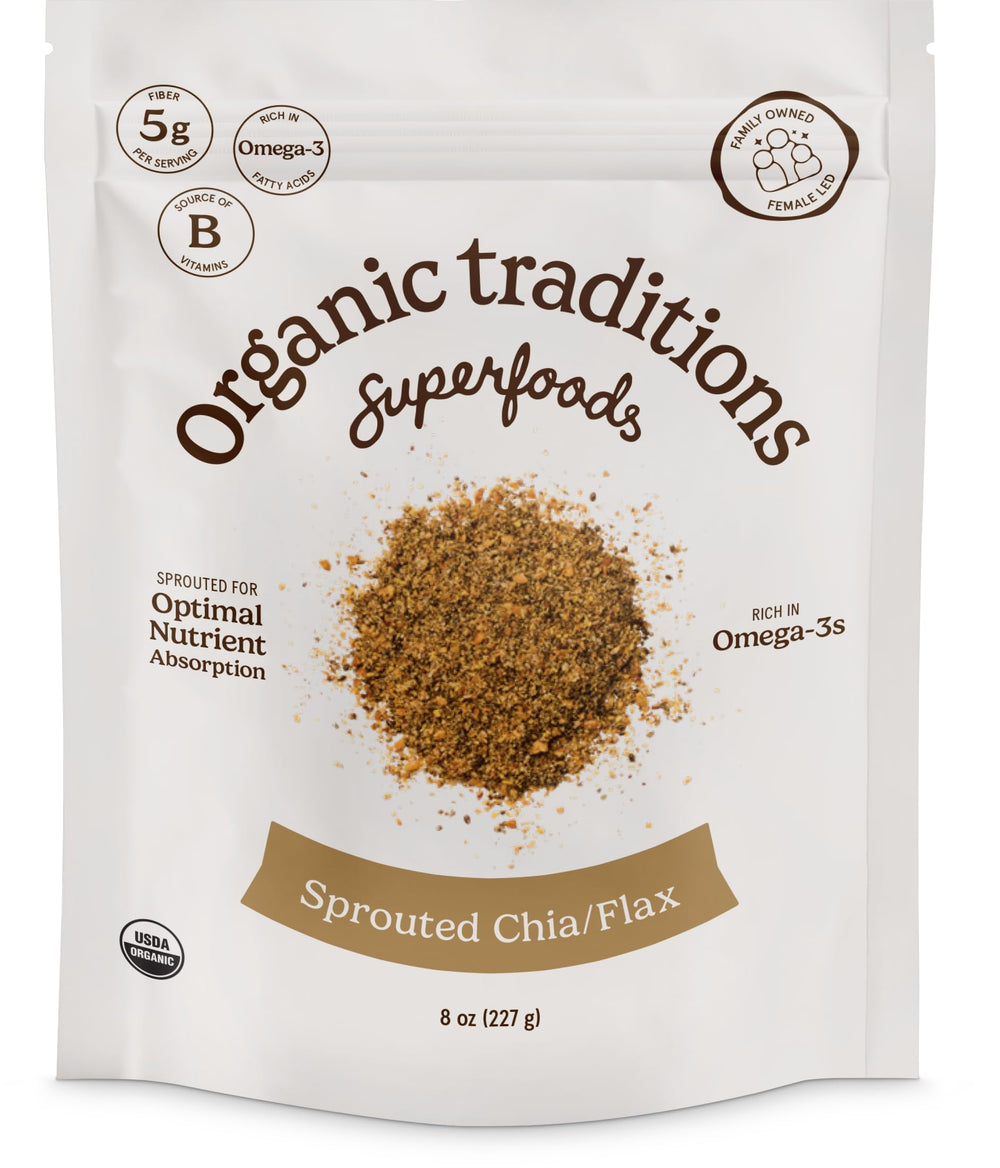 Organic Traditions sprouted chia-flax powder in bag, pantry staple for daily nutrition.