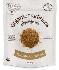 Organic Traditions sprouted chia and flax powder bag showcasing convenient plant-based nutrition.