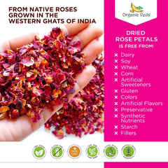 Organic Veda rose petals topping a cake for natural, floral decoration.