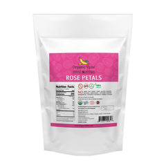 Organic Veda dried rose petals steeping in hot water for fragrant tea.