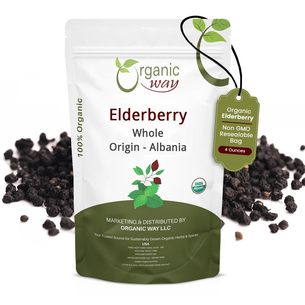 Organic Way dried elderberries for tea blends and herbal infusions.