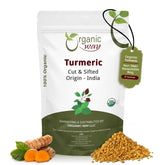 Organic Way turmeric root cut and sifted bulk bag showing natural haldi pieces for blends.