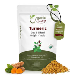 Organic Way turmeric root cut and sifted bulk bag showing natural haldi pieces for blends.