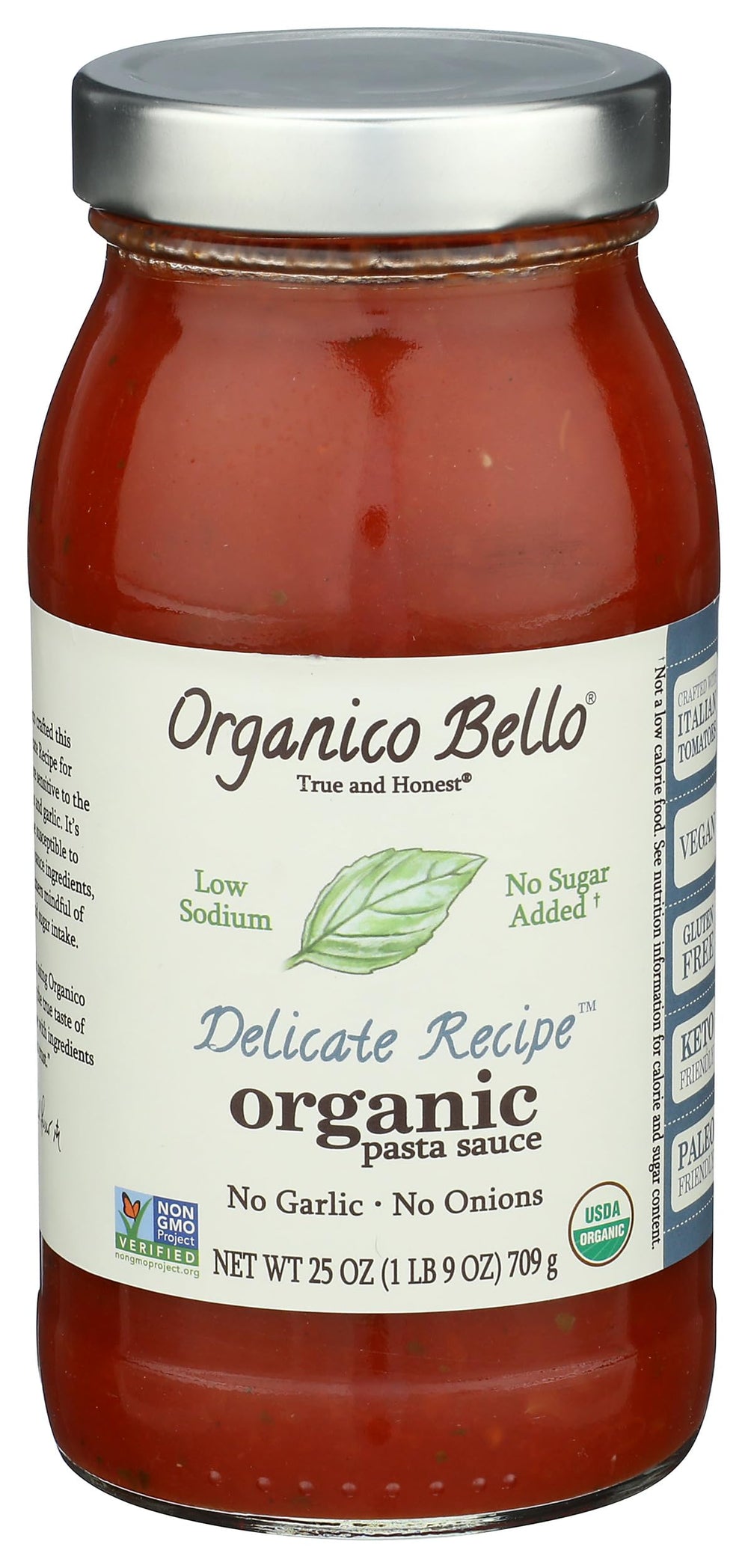 Organico Bello Delicate Recipe Pasta Sauce bottle on kitchen counter enhances gluten-free pasta meals.