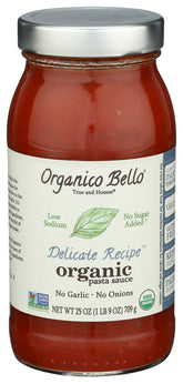 Organico Bello Delicate Recipe Pasta Sauce bottle on kitchen counter enhances gluten-free pasta meals.