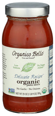 Organico Bello Delicate Recipe Pasta Sauce bottle on kitchen counter enhances gluten-free pasta meals.