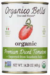 Organico Bello diced tomatoes in a can for easy weeknight sauces and soups.