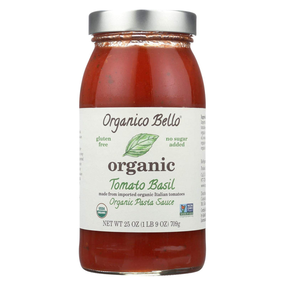 Organico Bello tomato basil sauce bottle pour, ideal for quick weeknight pasta dinners