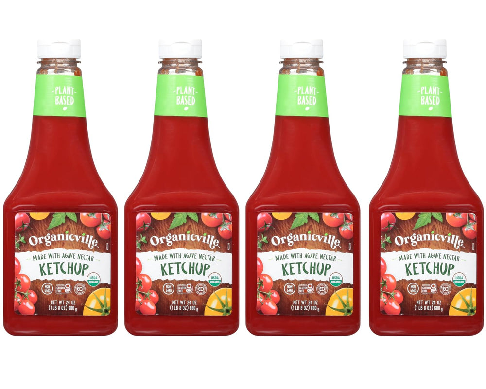 Organicville Organic Ketchup bottle top view; plant-based flavor for burgers
