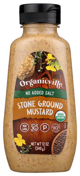 Organicville salt-free mustard bottle on counter, ideal for sandwiches.