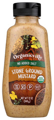 Organicville salt-free mustard bottle on counter, ideal for sandwiches.