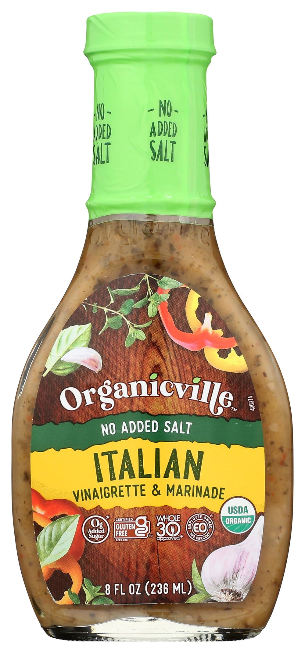 Organicville salt-free Italian dressing bottle highlights tangy, clean flavor.
