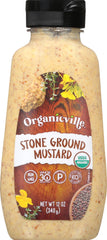 Organicville Stone Ground Mustard jar enhances sandwiches with tangy, versatile flavor