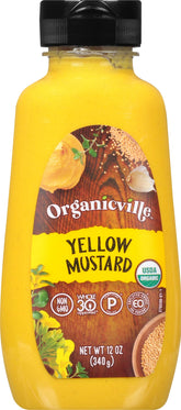 Organicville Yellow Mustard bottle full, organic vegan flavor for sandwiches