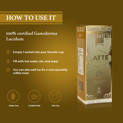 ORGANO Gourmet Cafe Latte packaging box shows 20 sachets for freshness.