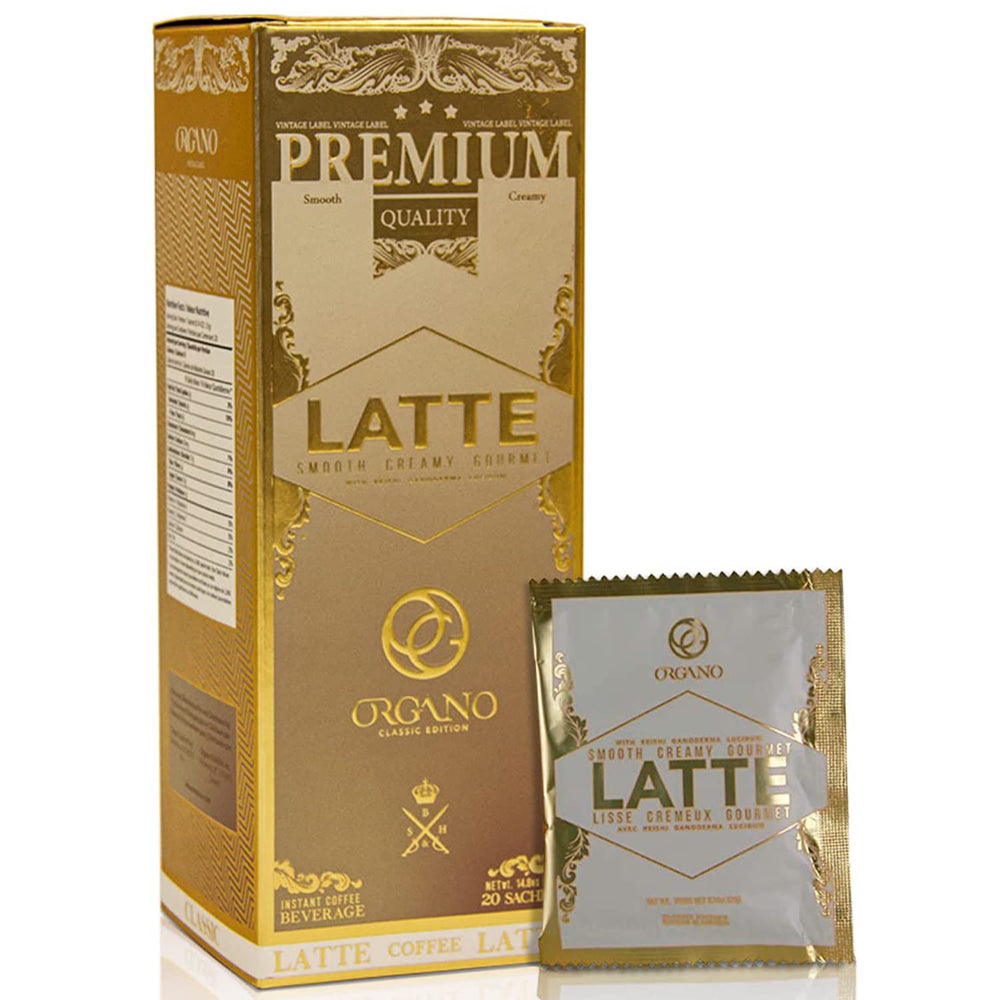 ORGANO Gourmet Cafe Latte sachet pack for on-the-go freshness.