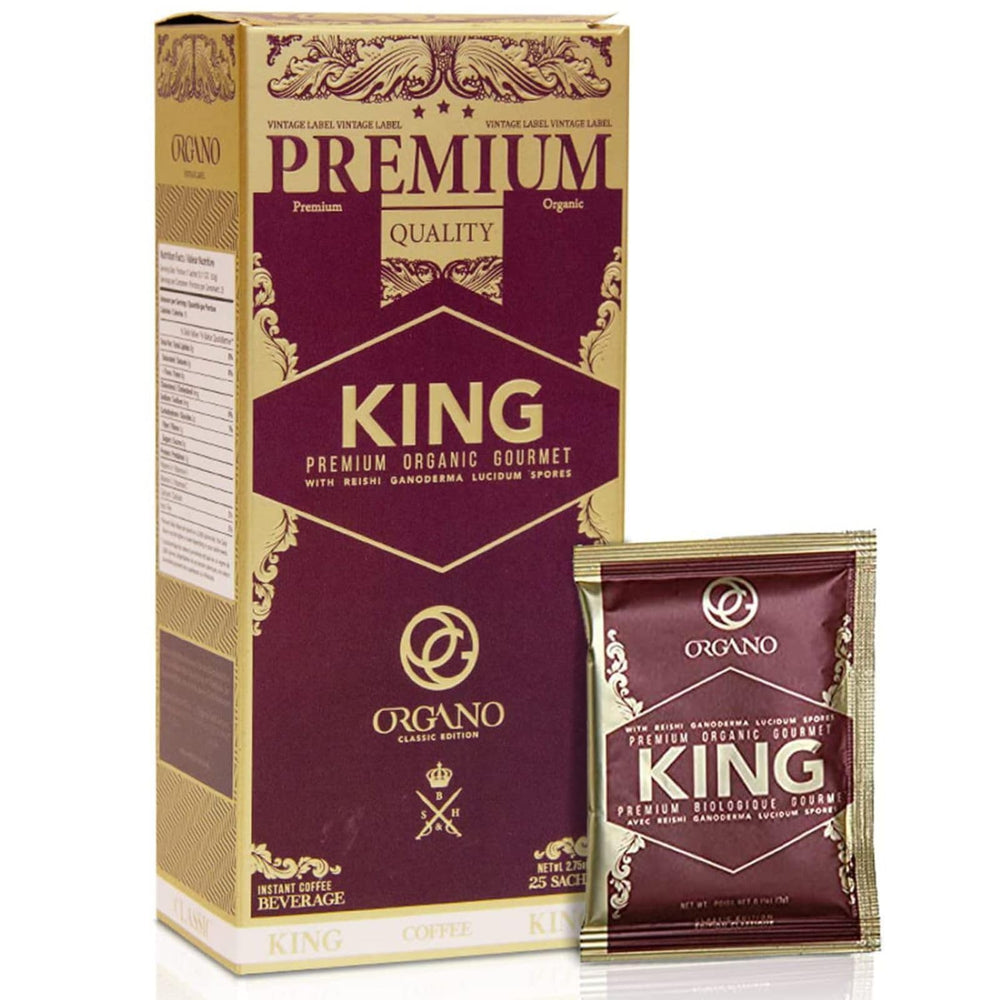 ORGANO King Coffee packaging with organic certification signals premium sourcing.