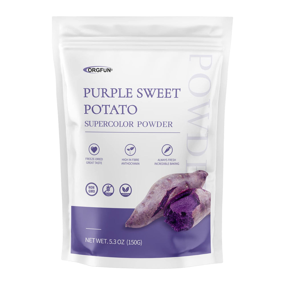 ORGFUN Purple Sweet Potato Powder packaging front with vibrant purple hue for colorful dishes.