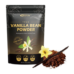 ORGFUN Vanilla Powder with measuring spoon emphasizes aroma for coffee and beverages.