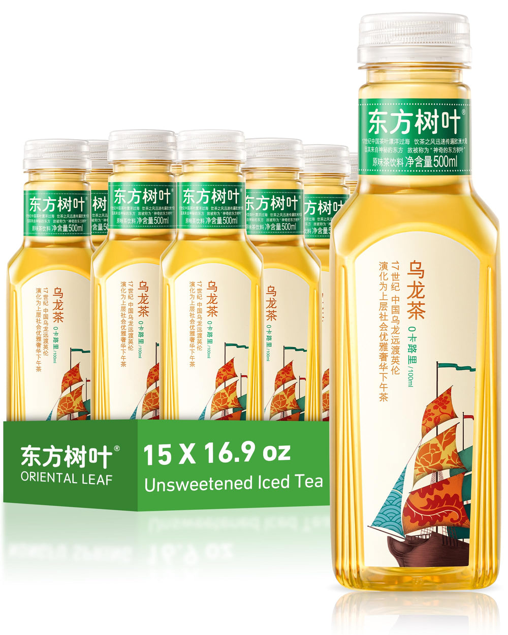 ORIENTAL LEAF unsweetened iced tea front bottle for a crisp zero-calorie sip.